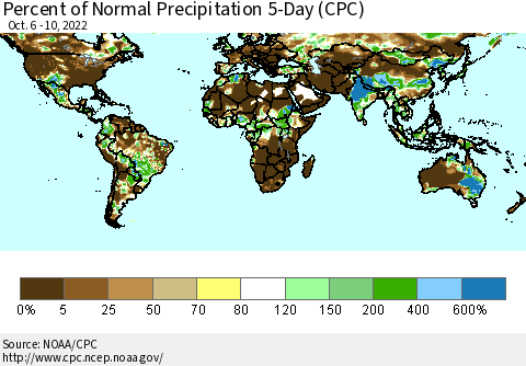 World Percent of Normal Precipitation 5-Day (CPC) Thematic Map For 10/6/2022 - 10/10/2022