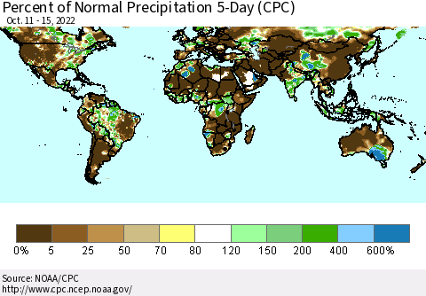 World Percent of Normal Precipitation 5-Day (CPC) Thematic Map For 10/11/2022 - 10/15/2022