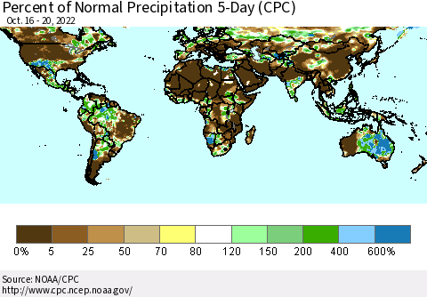 World Percent of Normal Precipitation 5-Day (CPC) Thematic Map For 10/16/2022 - 10/20/2022