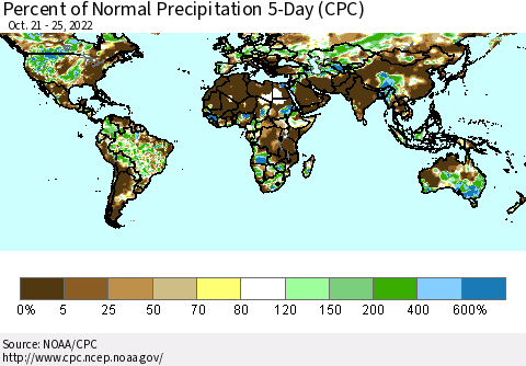 World Percent of Normal Precipitation 5-Day (CPC) Thematic Map For 10/21/2022 - 10/25/2022