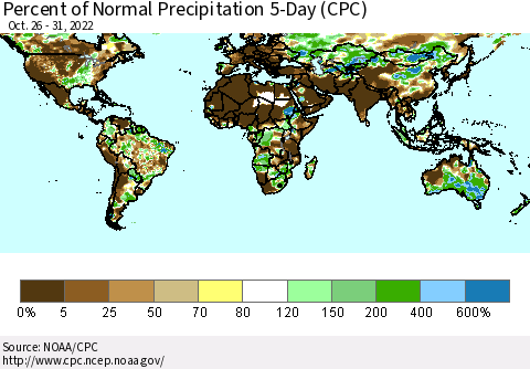 World Percent of Normal Precipitation 5-Day (CPC) Thematic Map For 10/26/2022 - 10/31/2022