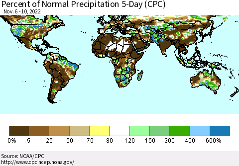 World Percent of Normal Precipitation 5-Day (CPC) Thematic Map For 11/6/2022 - 11/10/2022