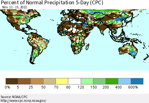 World Percent of Normal Precipitation 5-Day (CPC) Thematic Map For 11/11/2022 - 11/15/2022