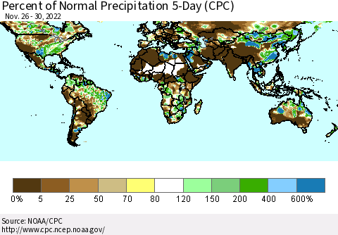 World Percent of Normal Precipitation 5-Day (CPC) Thematic Map For 11/26/2022 - 11/30/2022