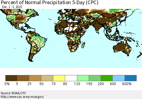 World Percent of Normal Precipitation 5-Day (CPC) Thematic Map For 12/1/2022 - 12/5/2022