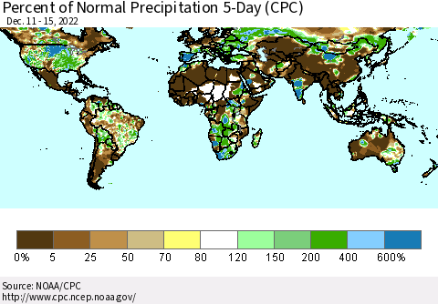 World Percent of Normal Precipitation 5-Day (CPC) Thematic Map For 12/11/2022 - 12/15/2022