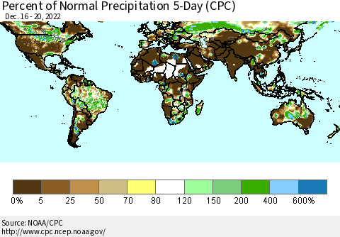 World Percent of Normal Precipitation 5-Day (CPC) Thematic Map For 12/16/2022 - 12/20/2022
