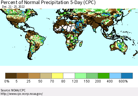 World Percent of Normal Precipitation 5-Day (CPC) Thematic Map For 12/21/2022 - 12/25/2022