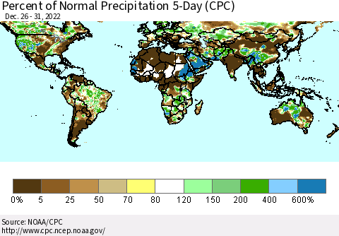 World Percent of Normal Precipitation 5-Day (CPC) Thematic Map For 12/26/2022 - 12/31/2022