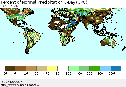 World Percent of Normal Precipitation 5-Day (CPC) Thematic Map For 1/1/2023 - 1/5/2023
