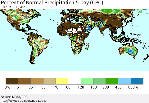 World Percent of Normal Precipitation 5-Day (CPC) Thematic Map For 1/26/2023 - 1/31/2023
