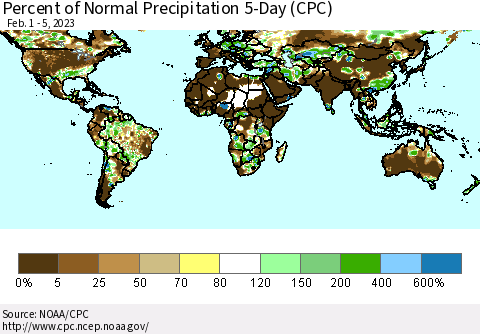 World Percent of Normal Precipitation 5-Day (CPC) Thematic Map For 2/1/2023 - 2/5/2023