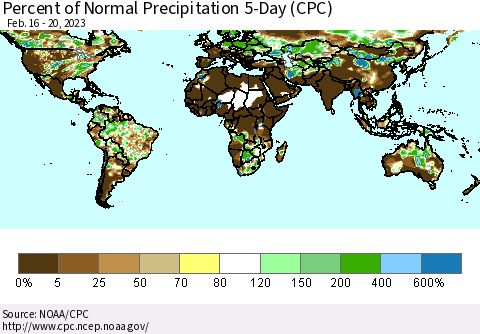 World Percent of Normal Precipitation 5-Day (CPC) Thematic Map For 2/16/2023 - 2/20/2023
