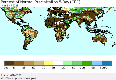 World Percent of Normal Precipitation 5-Day (CPC) Thematic Map For 3/1/2023 - 3/5/2023