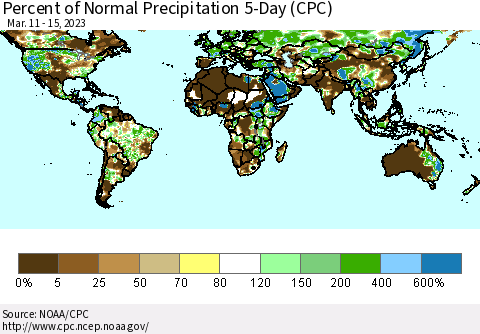 World Percent of Normal Precipitation 5-Day (CPC) Thematic Map For 3/11/2023 - 3/15/2023
