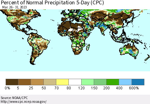 World Percent of Normal Precipitation 5-Day (CPC) Thematic Map For 3/26/2023 - 3/31/2023