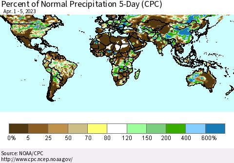 World Percent of Normal Precipitation 5-Day (CPC) Thematic Map For 4/1/2023 - 4/5/2023