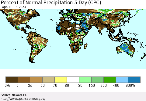 World Percent of Normal Precipitation 5-Day (CPC) Thematic Map For 4/11/2023 - 4/15/2023