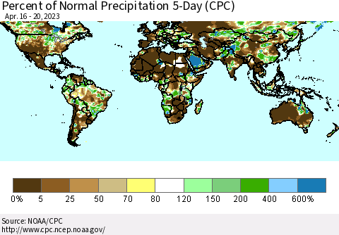 World Percent of Normal Precipitation 5-Day (CPC) Thematic Map For 4/16/2023 - 4/20/2023
