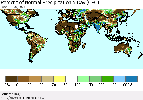 World Percent of Normal Precipitation 5-Day (CPC) Thematic Map For 4/26/2023 - 4/30/2023