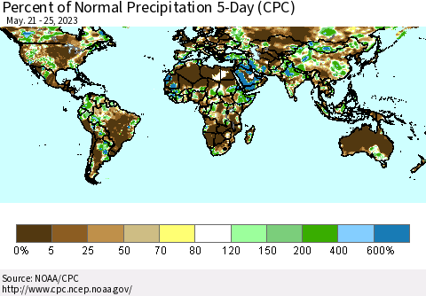 World Percent of Normal Precipitation 5-Day (CPC) Thematic Map For 5/21/2023 - 5/25/2023