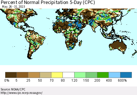World Percent of Normal Precipitation 5-Day (CPC) Thematic Map For 5/26/2023 - 5/31/2023