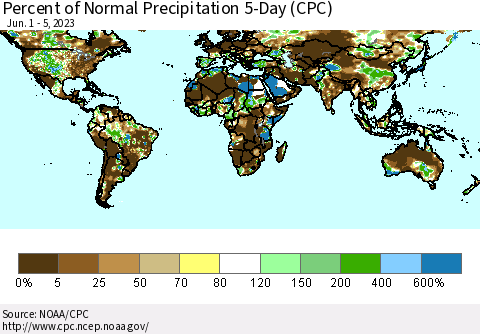 World Percent of Normal Precipitation 5-Day (CPC) Thematic Map For 6/1/2023 - 6/5/2023