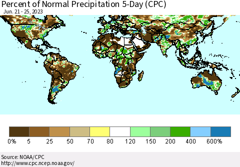 World Percent of Normal Precipitation 5-Day (CPC) Thematic Map For 6/21/2023 - 6/25/2023