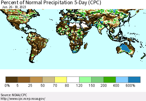 World Percent of Normal Precipitation 5-Day (CPC) Thematic Map For 6/26/2023 - 6/30/2023