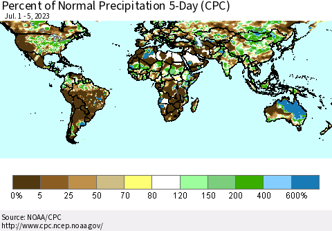 World Percent of Normal Precipitation 5-Day (CPC) Thematic Map For 7/1/2023 - 7/5/2023