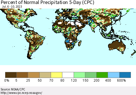 World Percent of Normal Precipitation 5-Day (CPC) Thematic Map For 7/6/2023 - 7/10/2023