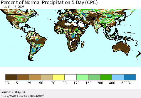World Percent of Normal Precipitation 5-Day (CPC) Thematic Map For 7/11/2023 - 7/15/2023