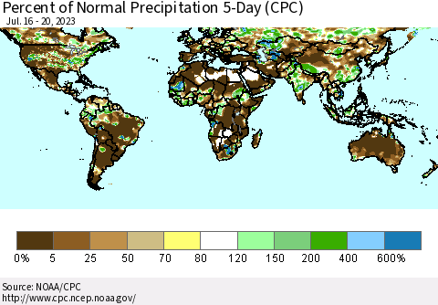 World Percent of Normal Precipitation 5-Day (CPC) Thematic Map For 7/16/2023 - 7/20/2023