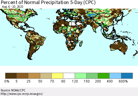 World Percent of Normal Precipitation 5-Day (CPC) Thematic Map For 8/6/2023 - 8/10/2023