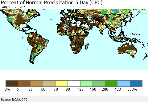 World Percent of Normal Precipitation 5-Day (CPC) Thematic Map For 8/16/2023 - 8/20/2023