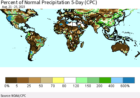 World Percent of Normal Precipitation 5-Day (CPC) Thematic Map For 8/21/2023 - 8/25/2023