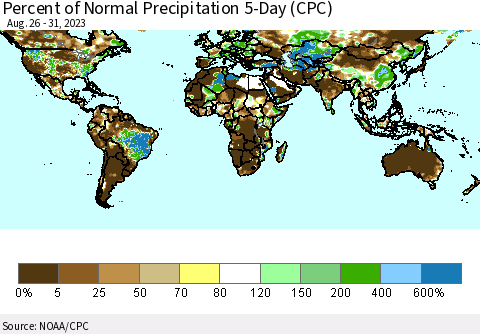 World Percent of Normal Precipitation 5-Day (CPC) Thematic Map For 8/26/2023 - 8/31/2023