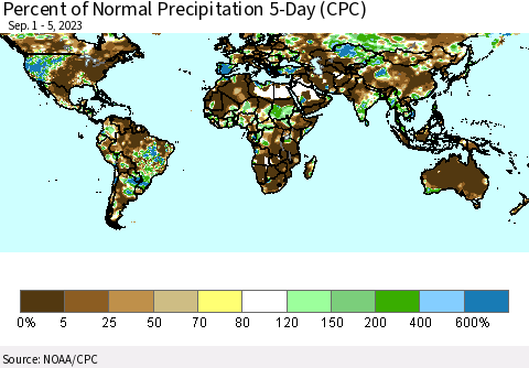World Percent of Normal Precipitation 5-Day (CPC) Thematic Map For 9/1/2023 - 9/5/2023