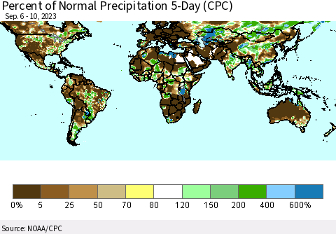 World Percent of Normal Precipitation 5-Day (CPC) Thematic Map For 9/6/2023 - 9/10/2023