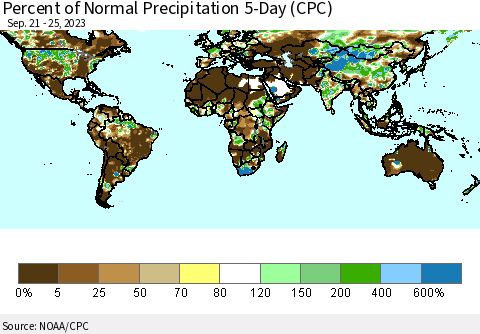 World Percent of Normal Precipitation 5-Day (CPC) Thematic Map For 9/21/2023 - 9/25/2023