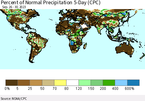 World Percent of Normal Precipitation 5-Day (CPC) Thematic Map For 9/26/2023 - 9/30/2023