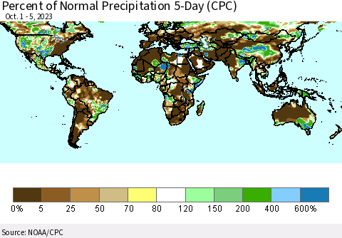 World Percent of Normal Precipitation 5-Day (CPC) Thematic Map For 10/1/2023 - 10/5/2023