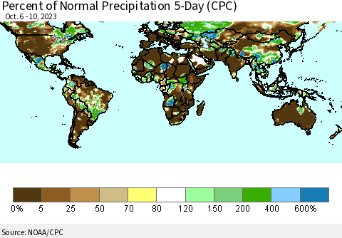 World Percent of Normal Precipitation 5-Day (CPC) Thematic Map For 10/6/2023 - 10/10/2023