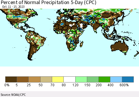 World Percent of Normal Precipitation 5-Day (CPC) Thematic Map For 10/11/2023 - 10/15/2023