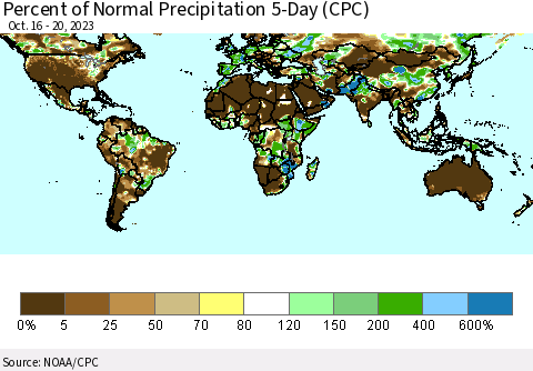 World Percent of Normal Precipitation 5-Day (CPC) Thematic Map For 10/16/2023 - 10/20/2023