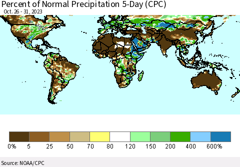 World Percent of Normal Precipitation 5-Day (CPC) Thematic Map For 10/26/2023 - 10/31/2023