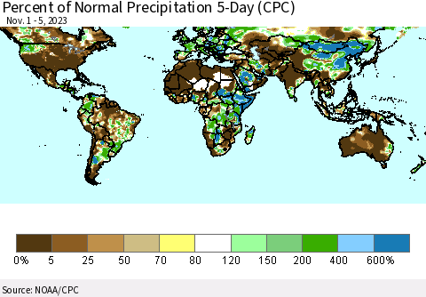 World Percent of Normal Precipitation 5-Day (CPC) Thematic Map For 11/1/2023 - 11/5/2023