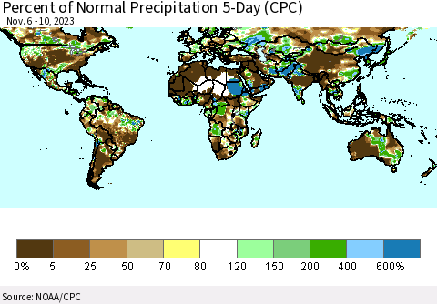 World Percent of Normal Precipitation 5-Day (CPC) Thematic Map For 11/6/2023 - 11/10/2023