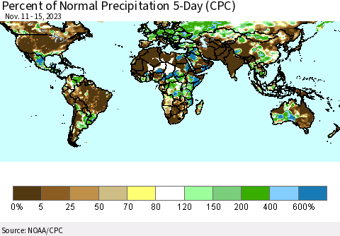 World Percent of Normal Precipitation 5-Day (CPC) Thematic Map For 11/11/2023 - 11/15/2023