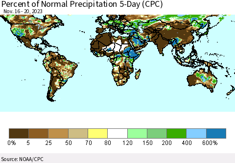 World Percent of Normal Precipitation 5-Day (CPC) Thematic Map For 11/16/2023 - 11/20/2023